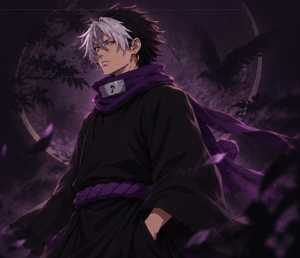Karasu, con su indumentaria shinobi negra y violeta, entre cuervos y sombras